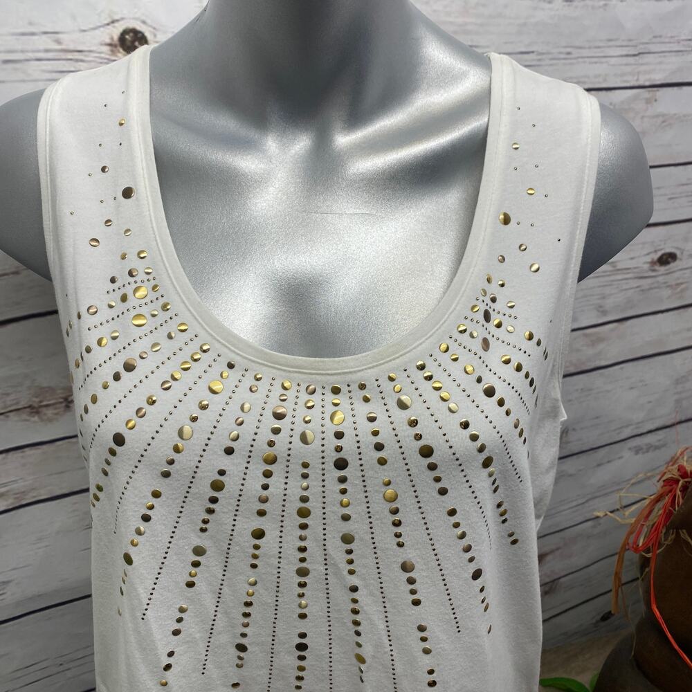 Chicos 2 Medium White Embellished Tank Top Sunburst Sleeveless Shirt Gold Detail - Picture 2 of 14